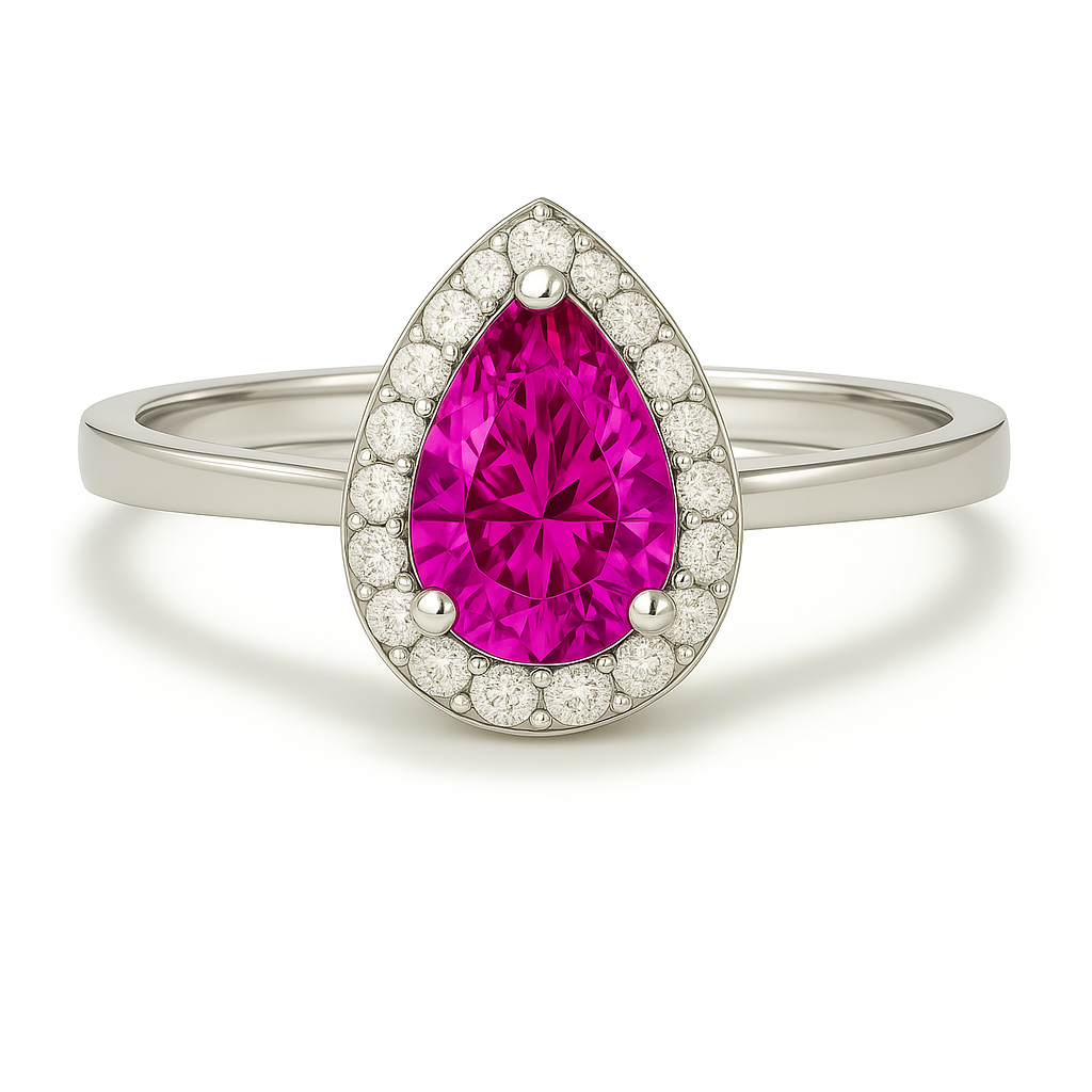 7×5 mm pear-cut purple sapphire ring with Moissanite halo in white-gold-plated 925 silver. Majestic color and timeless elegance. Available now at BSI Jewelry.