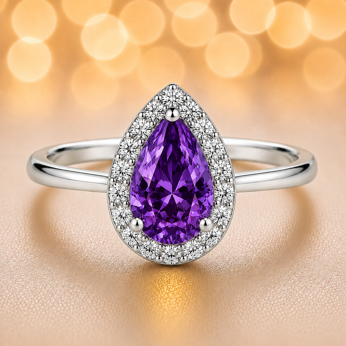 7×5 mm pear-cut purple sapphire ring with Moissanite halo in white-gold-plated 925 silver. Majestic color and timeless elegance. Available now at BSI Jewelry.