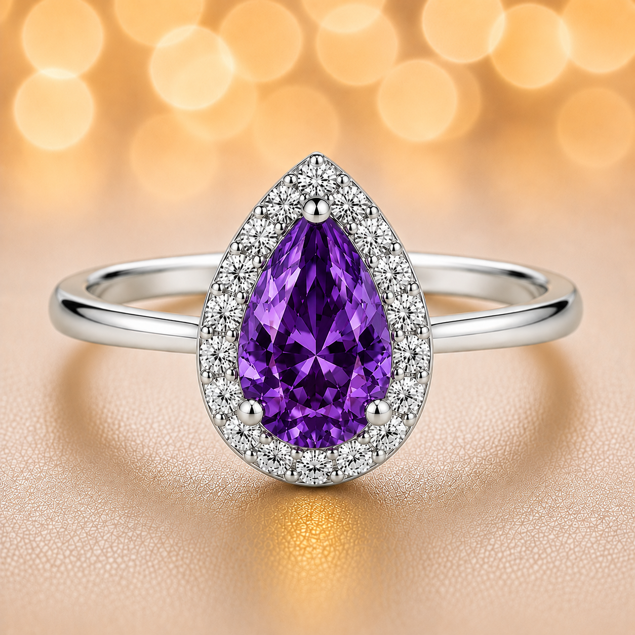 7×5 mm pear-cut purple sapphire ring with Moissanite halo in white-gold-plated 925 silver. Majestic color and timeless elegance. Available now at BSI Jewelry.