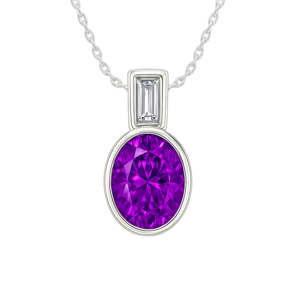Elegant 7×5 mm Purple Sapphire pendant in white-gold-plated 925 silver, highlighted with a Moissanite accent for refined sparkle. Available now at BSI Jewelry.