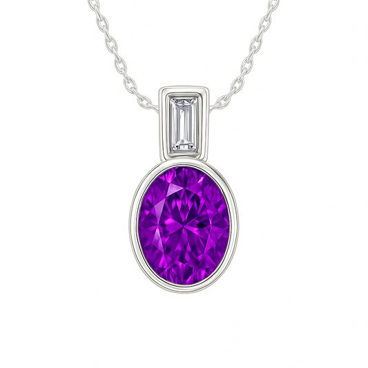 Elegant 7×5 mm Purple Sapphire pendant in white-gold-plated 925 silver, highlighted with a Moissanite accent for refined sparkle. Available now at BSI Jewelry.