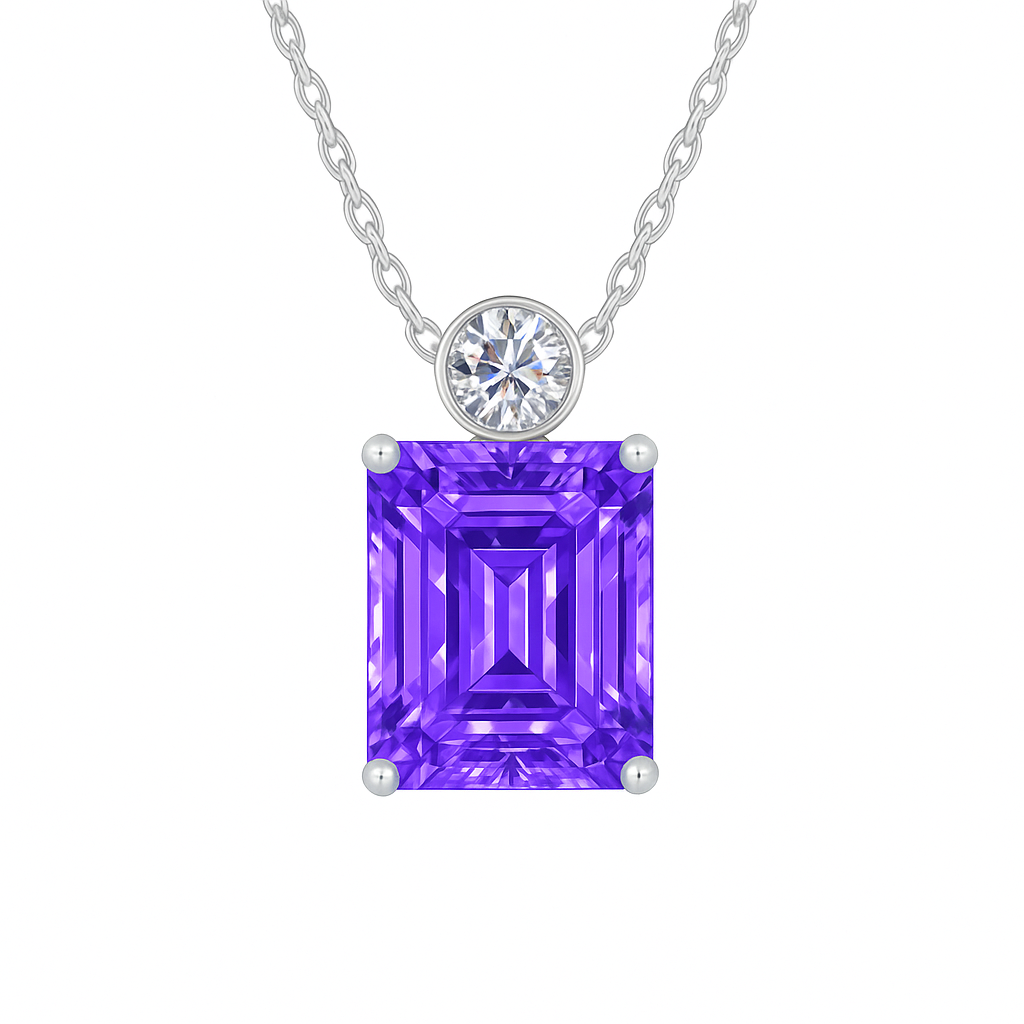 Elegant pendant with 7×5 mm emerald-cut purple sapphire accented with Moissanite, crafted in white gold-plated 925 silver. Available now at BSI Jewelry.
