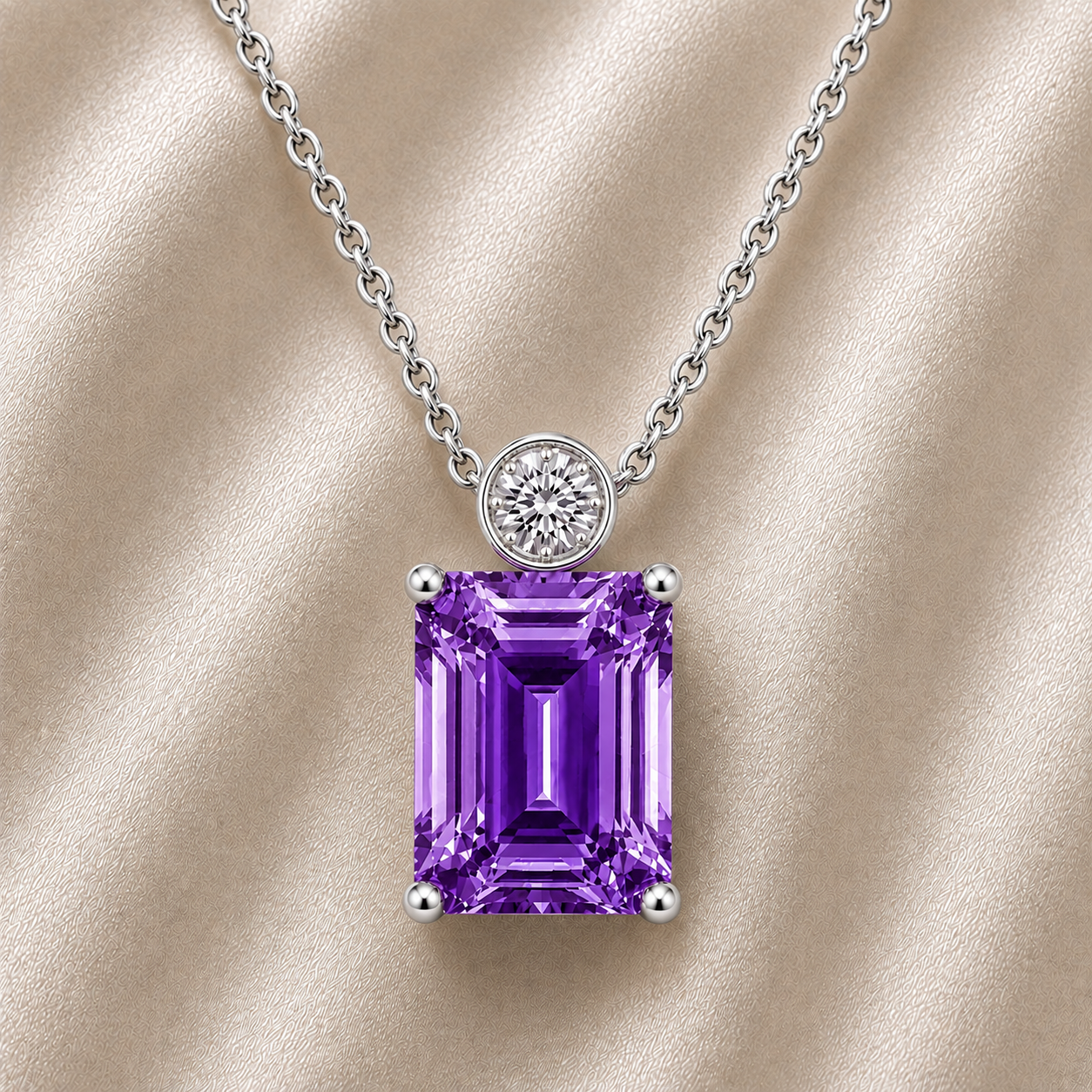 Elegant pendant with 7×5 mm emerald-cut purple sapphire accented with Moissanite, crafted in white gold-plated 925 silver. Available now at BSI Jewelry.