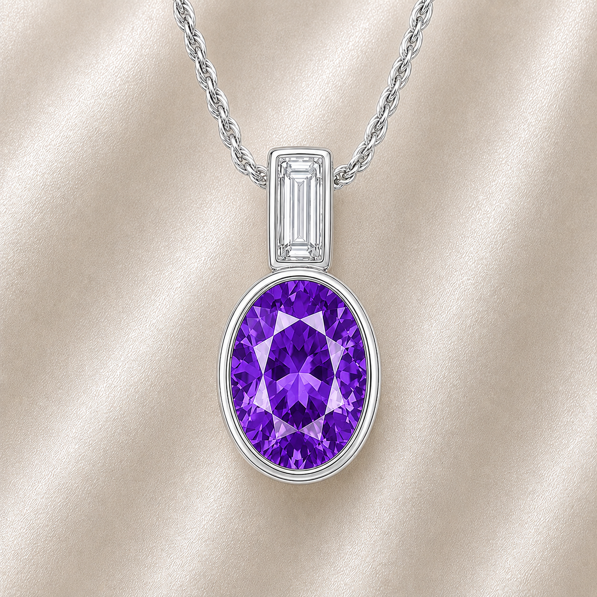 Elegant 7×5 mm Purple Sapphire pendant in white-gold-plated 925 silver, highlighted with a Moissanite accent for refined sparkle. Available now at BSI Jewelry.