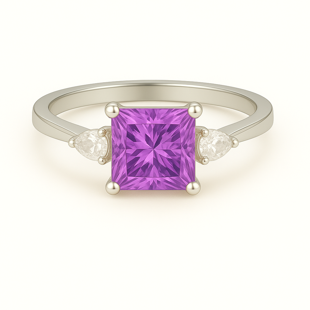 6 mm princess-cut purple sapphire ring with Moissanite accents in white-gold-plated 925 silver. Radiant sparkle and timeless elegance. Available at BSI Jewelry.