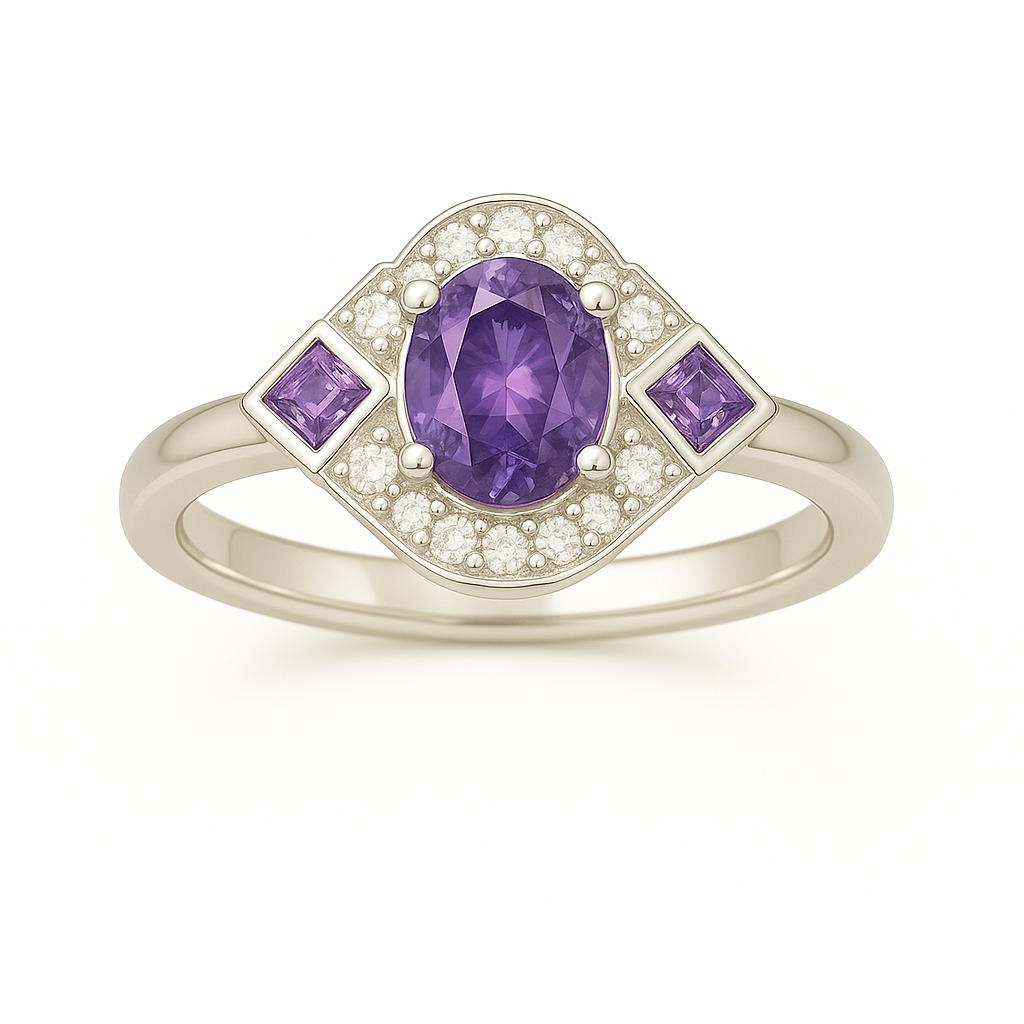 5×4 mm purple sapphire ring with white Moissanite in white gold-plated hypoallergenic 925 silver. Elegant sparkle with rich color. Available now at BSI Jewelry.