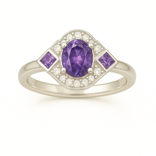 5×4 mm purple sapphire ring with white Moissanite in white gold-plated hypoallergenic 925 silver. Elegant sparkle with rich color. Available now at BSI Jewelry.