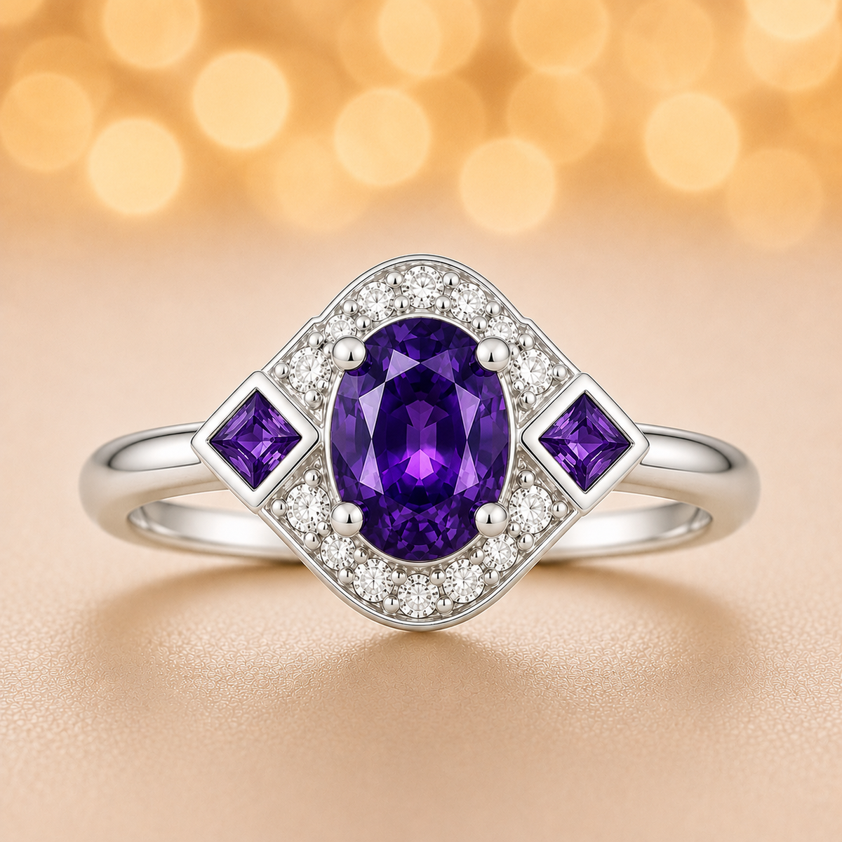 5×4 mm purple sapphire ring with white Moissanite in white gold-plated hypoallergenic 925 silver. Elegant sparkle with rich color. Available now at BSI Jewelry.