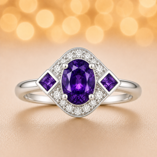 5×4 mm purple sapphire ring with white Moissanite in white gold-plated hypoallergenic 925 silver. Elegant sparkle with rich color. Available now at BSI Jewelry.