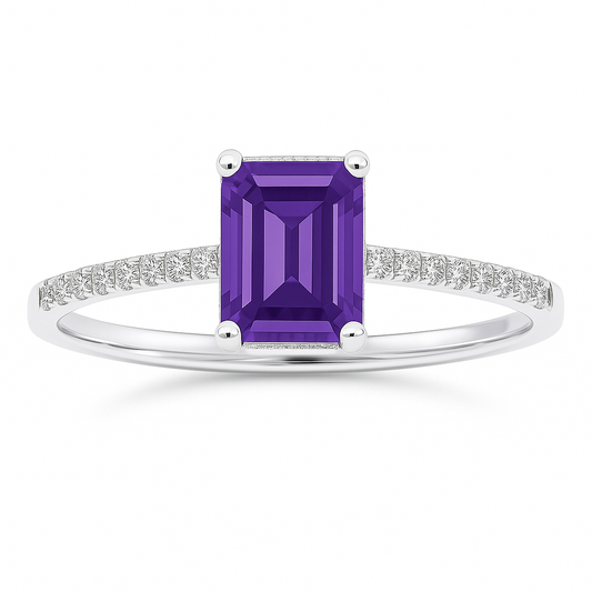 Emerald-cut 7×5 mm purple sapphire ring with Moissanite on white gold-plated 925 silver. Elegant, radiant, and hypoallergenic. Available now at BSI Jewelry.