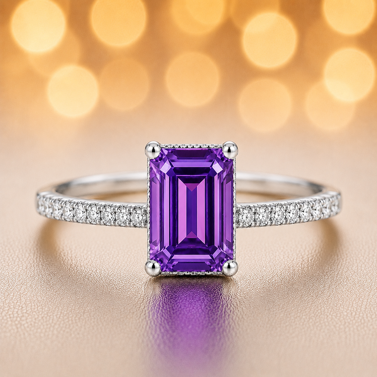 Emerald-cut 7×5 mm purple sapphire ring with Moissanite on white gold-plated 925 silver. Elegant, radiant, and hypoallergenic. Available now at BSI Jewelry.
