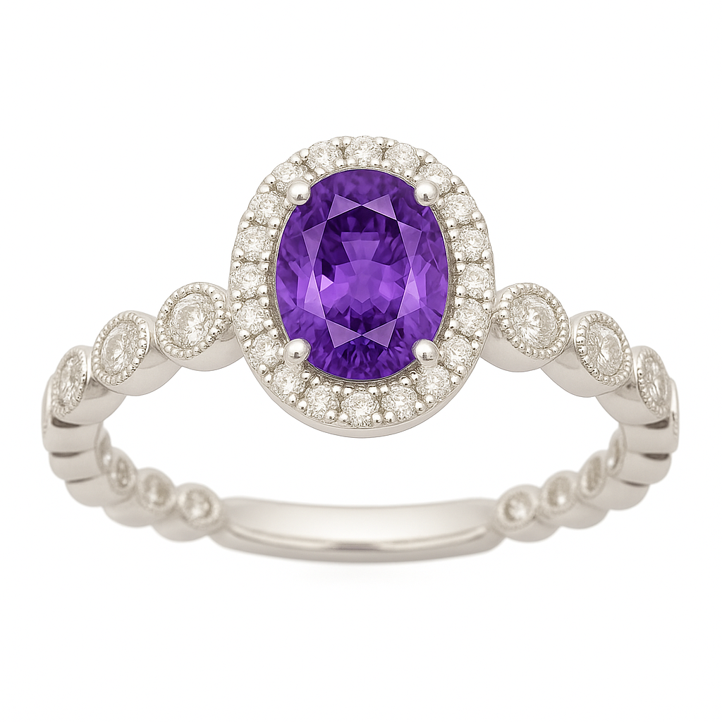 7×5 mm purple sapphire ring with white Moissanite in white gold-plated hypoallergenic 925 silver. Elegant sparkle with rich color. Available now at BSI Jewelry.