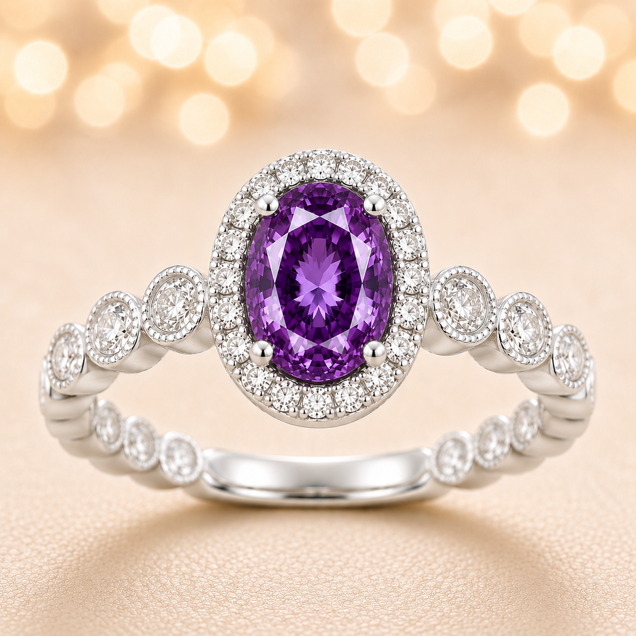 7×5 mm purple sapphire ring with white Moissanite in white gold-plated hypoallergenic 925 silver. Elegant sparkle with rich color. Available now at BSI Jewelry.