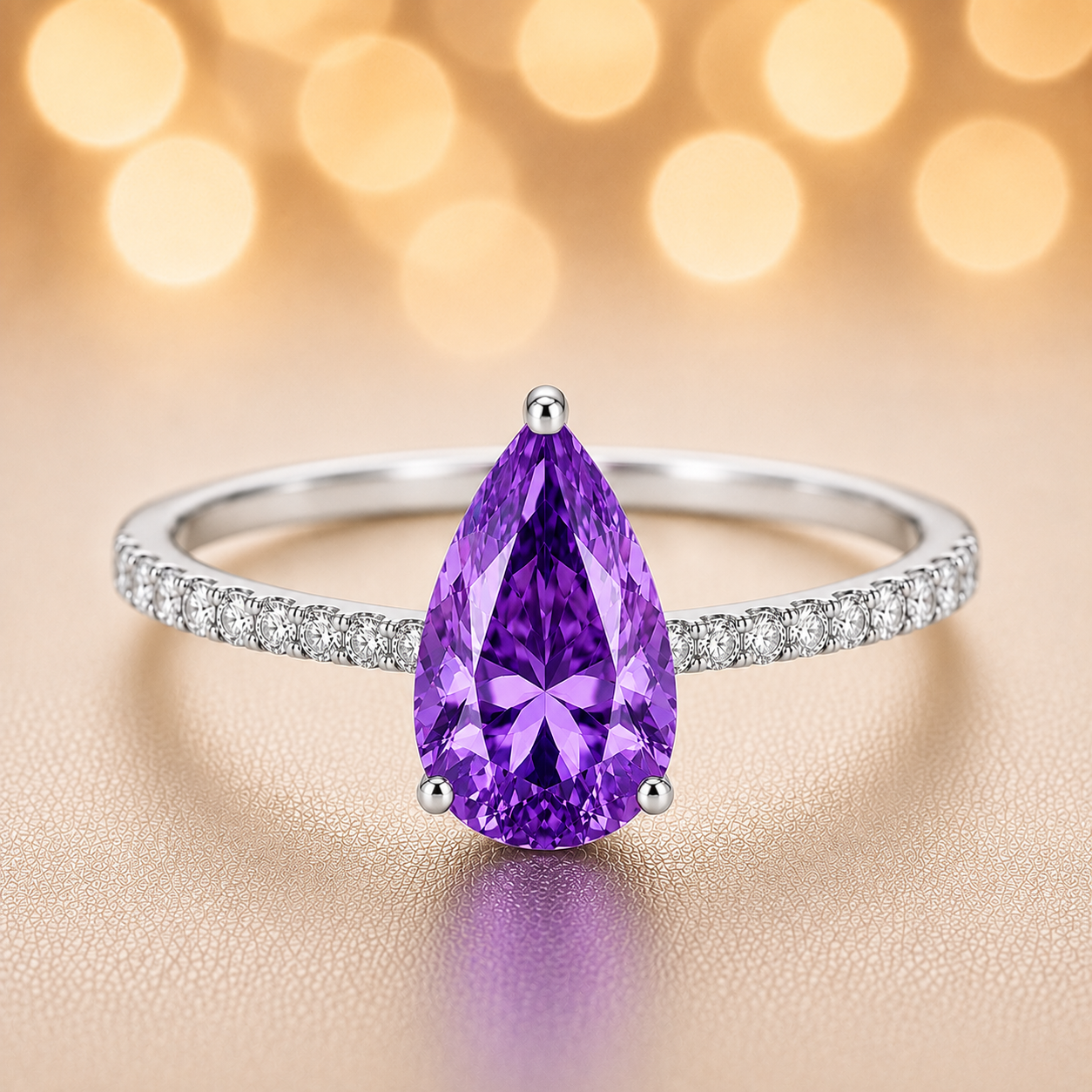 7×5 mm pear purple sapphire ring with Moissanite on white gold-plated 925 silver. Elegant, radiant, and hypoallergenic. Available now at BSI Jewelry.