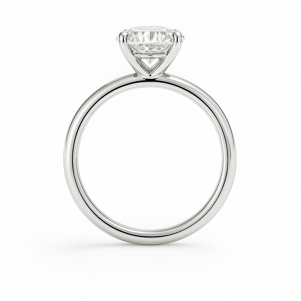 Elegant 5 mm Moissanite solitaire ring in white gold-plated 925 silver. Minimalist brilliance and timeless charm for everyday elegance. Available now at BSI Jewelry.
