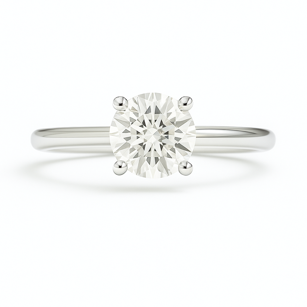 Elegant 5 mm Moissanite solitaire ring in white gold-plated 925 silver. Minimalist brilliance and timeless charm for everyday elegance. Available at BSI Jewelry.