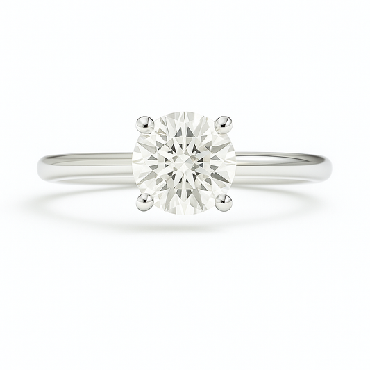 Elegant 5 mm Moissanite solitaire ring in white gold-plated 925 silver. Minimalist brilliance and timeless charm for everyday elegance. Available at BSI Jewelry.