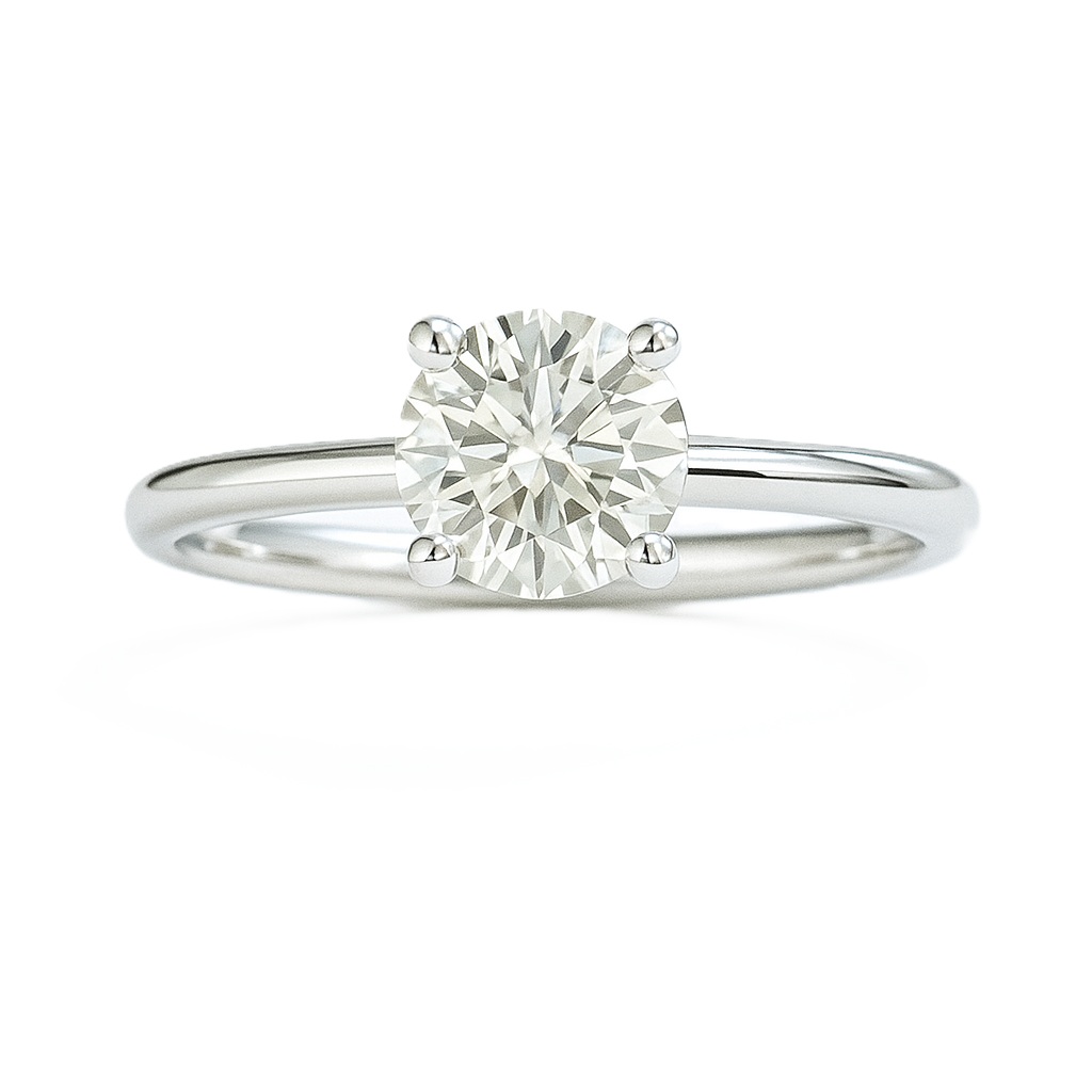 Timeless Moissanite round solitaire engagement ring in 925 silver, set with a 6.50 mm brilliant cut. Classic elegance for lasting beauty. Now at BSI Jewelry.