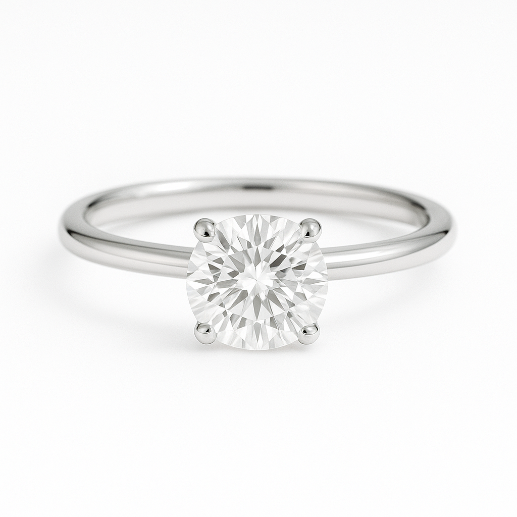 Timeless 6.5 mm Moissanite solitaire engagement ring in white gold-plated 925 silver. Brilliant, elegant, and lasting radiance. Available now at BSI Jewelry.