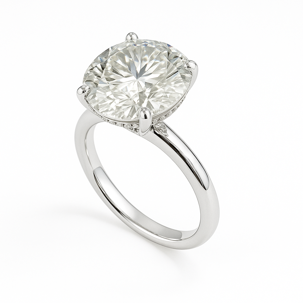 Classic 9 mm Moissanite solitaire engagement ring in white gold-plated 925 silver. Timeless brilliance and romantic elegance. Available now at BSI Jewelry.