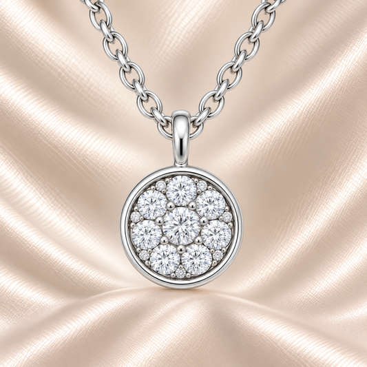 Moissanite round pendant in 925 silver with sparkle for radiant charm. Hypoallergenic and finely crafted for timeless elegance. Available now at BSI Jewelry.