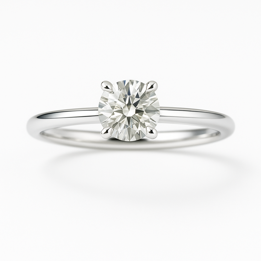 Delicate Moissanite solitaire ring in 925 silver with a 4.30 mm round brilliant-cut stone. Timeless sparkle and hypoallergenic comfort. Available at BSI Jewelry.