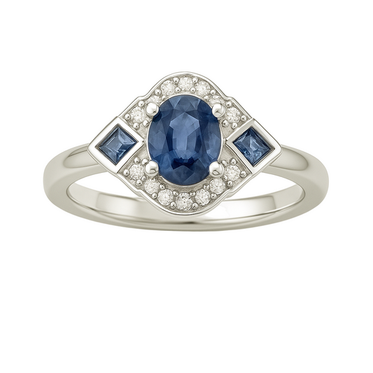 Stunning sapphire halo ring accented with Moissanite in 925 silver. 5×4mm oval sapphire with side stones. Hypoallergenic and timeless. Available at BSI Jewelry.