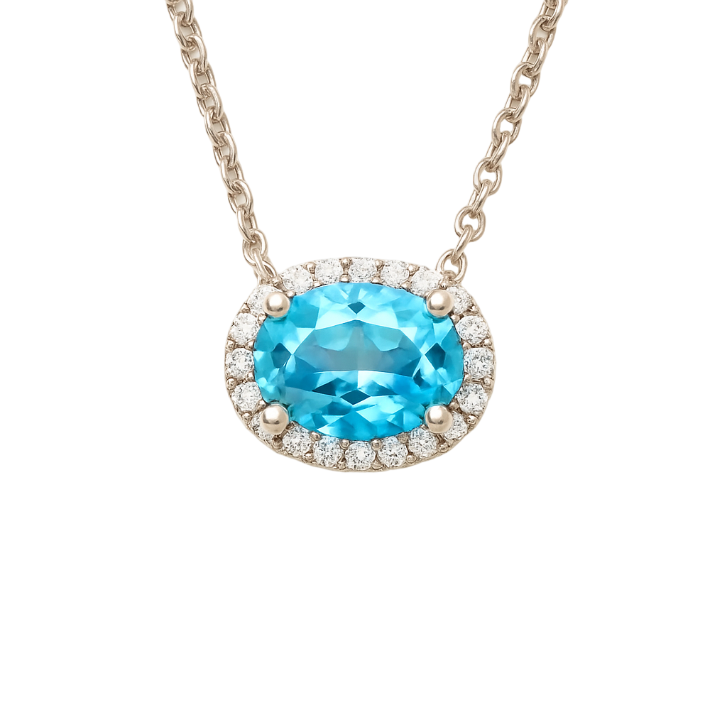 Stunning necklace featuring a 7×5 mm oval Sky Blue Topaz accented with sparkling Moissanite in 925 silver. Elegant, radiant, and timeless. Now at BSI Jewelry.