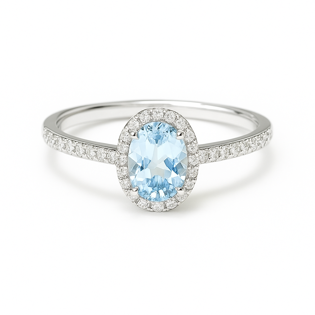Elegant sky blue topaz halo ring in white gold-plated 925 silver, accented with Moissanite for radiant brilliance. Hypoallergenic. Available now at BSI Jewelry.