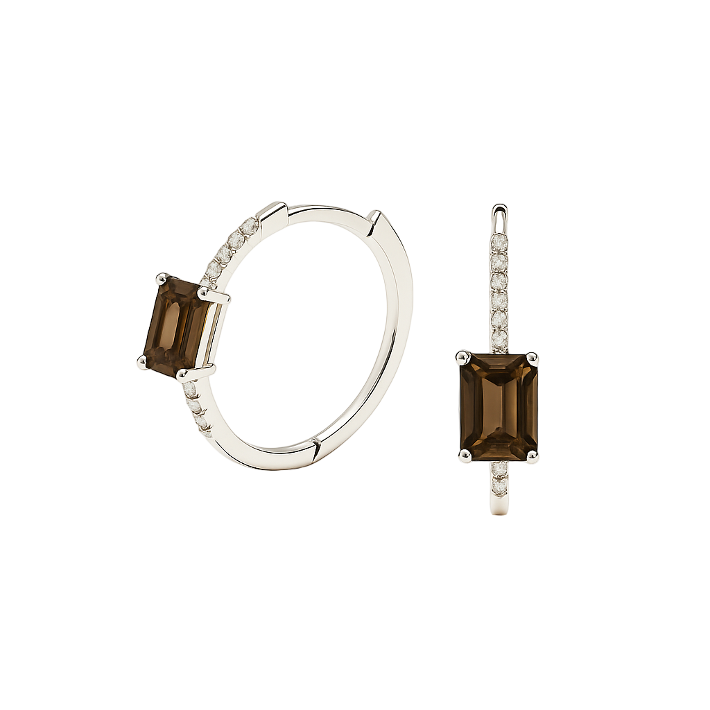 Elegant smoky quartz and Moissanite huggie earrings with 6×4 mm emerald-cut stones in white gold-plated 925 silver. Hypoallergenic comfort. Now at BSI Jewelry.
