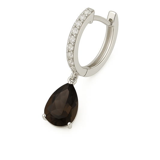 Moissanite & Smoky Quartz Huggie Earrings, 8×5 mm pear cut, crafted in white gold-plated 925 silver. Elegant and hypoallergenic. Available now at BSI Jewelry