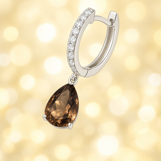 Moissanite & Smoky Quartz Huggie Earrings, 8×5 mm pear cut, crafted in white gold-plated 925 silver. Elegant and hypoallergenic. Available now at BSI Jewelry.