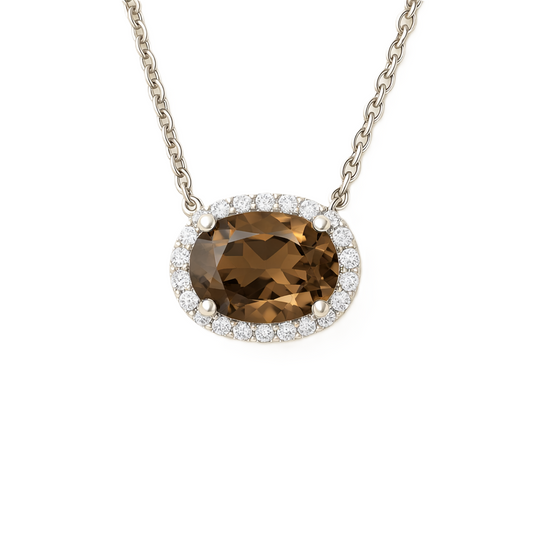 Moissanite and smoky quartz necklace with 9×7 mm oval gemstone in white gold-plated 925 silver with moissanite. Warm and elegant. Available now at BSI Jewelry.
