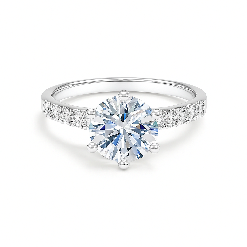 1-carat Moissanite solitaire ring in white gold-plated 925 silver with pavé accents. Elegant brilliance for timeless love. Available now at BSI Jewelry.