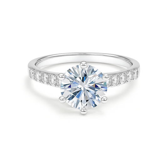 1-carat Moissanite solitaire ring in white gold-plated 925 silver with pavé accents. Elegant brilliance for timeless love. Available now at BSI Jewelry.
