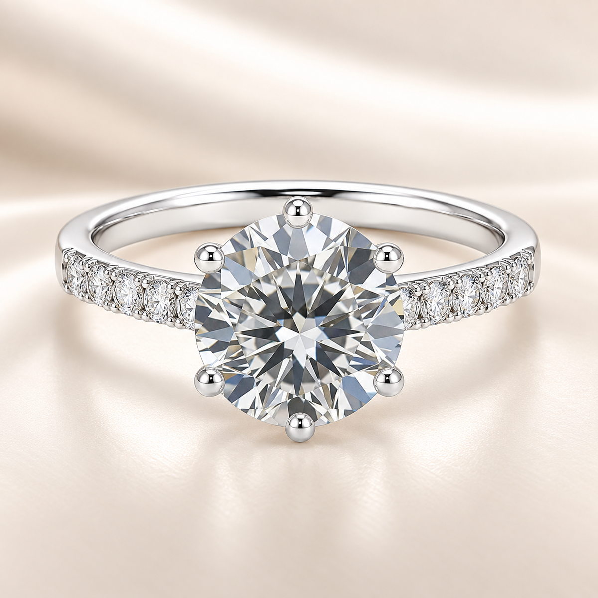 1-carat Moissanite solitaire ring in white gold-plated 925 silver with pavé accents. Elegant brilliance for timeless love. Available now at BSI Jewelry.