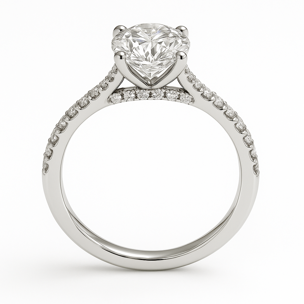 Sophisticated Moissanite engagement ring in 925 silver, featuring a 6.50 mm round-cut stone with pavé band for brilliance and timeless charm. Now at BSI Jewelry.