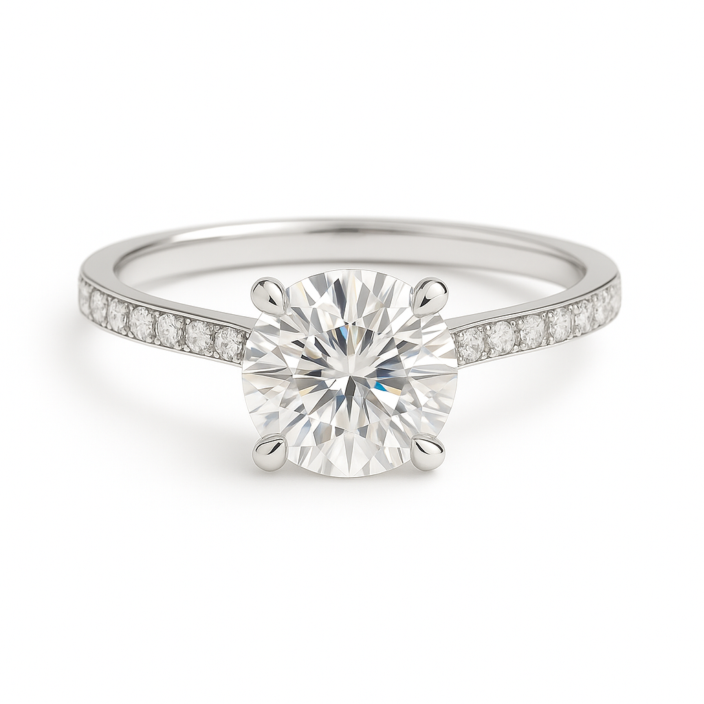 Sophisticated Moissanite engagement ring in 925 silver, featuring a 6.50 mm round-cut stone with pavé band for brilliance and timeless charm. Now at BSI Jewelry.