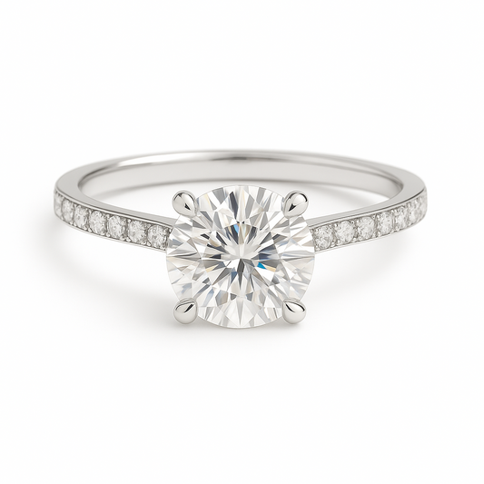 Sophisticated Moissanite engagement ring in 925 silver, featuring a 6.50 mm round-cut stone with pavé band for brilliance and timeless charm. Now at BSI Jewelry.