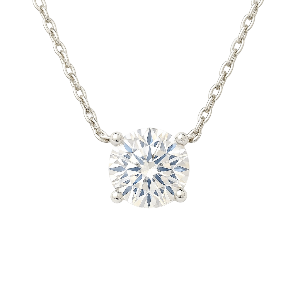 Moissanite solitaire necklace in 925 silver with 4.25mm round brilliant-cut. Hypoallergenic, radiant, and timelessly elegant. Available now at BSI Jewelry.