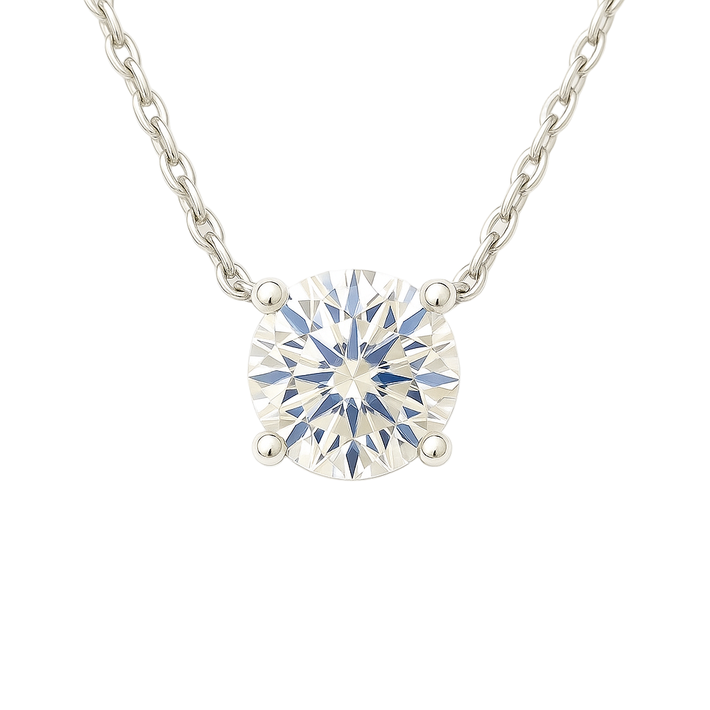 Moissanite solitaire necklace in 925 silver with 5.25mm round brilliant-cut. Hypoallergenic, radiant, and timeless for daily wear. Available now at BSI Jewelry.