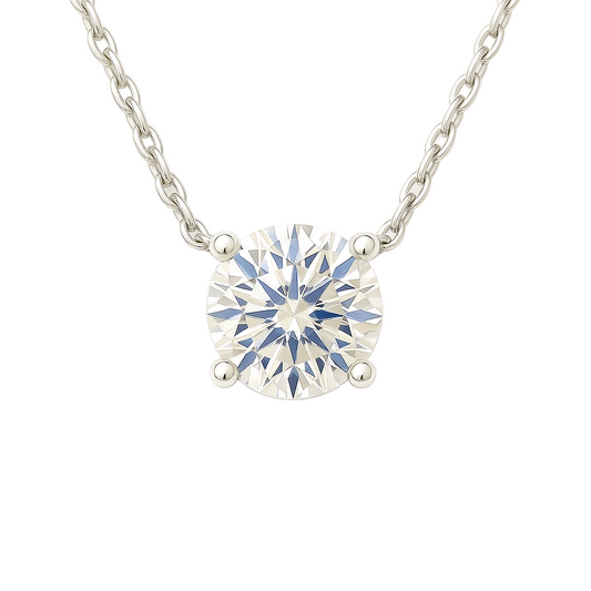 Moissanite solitaire necklace in 925 silver with 5.25mm round brilliant-cut. Hypoallergenic, radiant, and timeless for daily wear. Available now at BSI Jewelry.