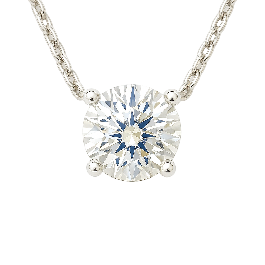 Classic Moissanite solitaire necklace in 925 silver with a 6.5mm round brilliant stone. Hypoallergenic and radiant for every occasion. Available at BSI Jewelry.