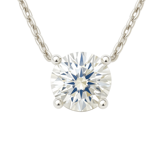 Classic Moissanite solitaire necklace in 925 silver with a 6.5mm round brilliant stone. Hypoallergenic and radiant for every occasion. Available at BSI Jewelry.