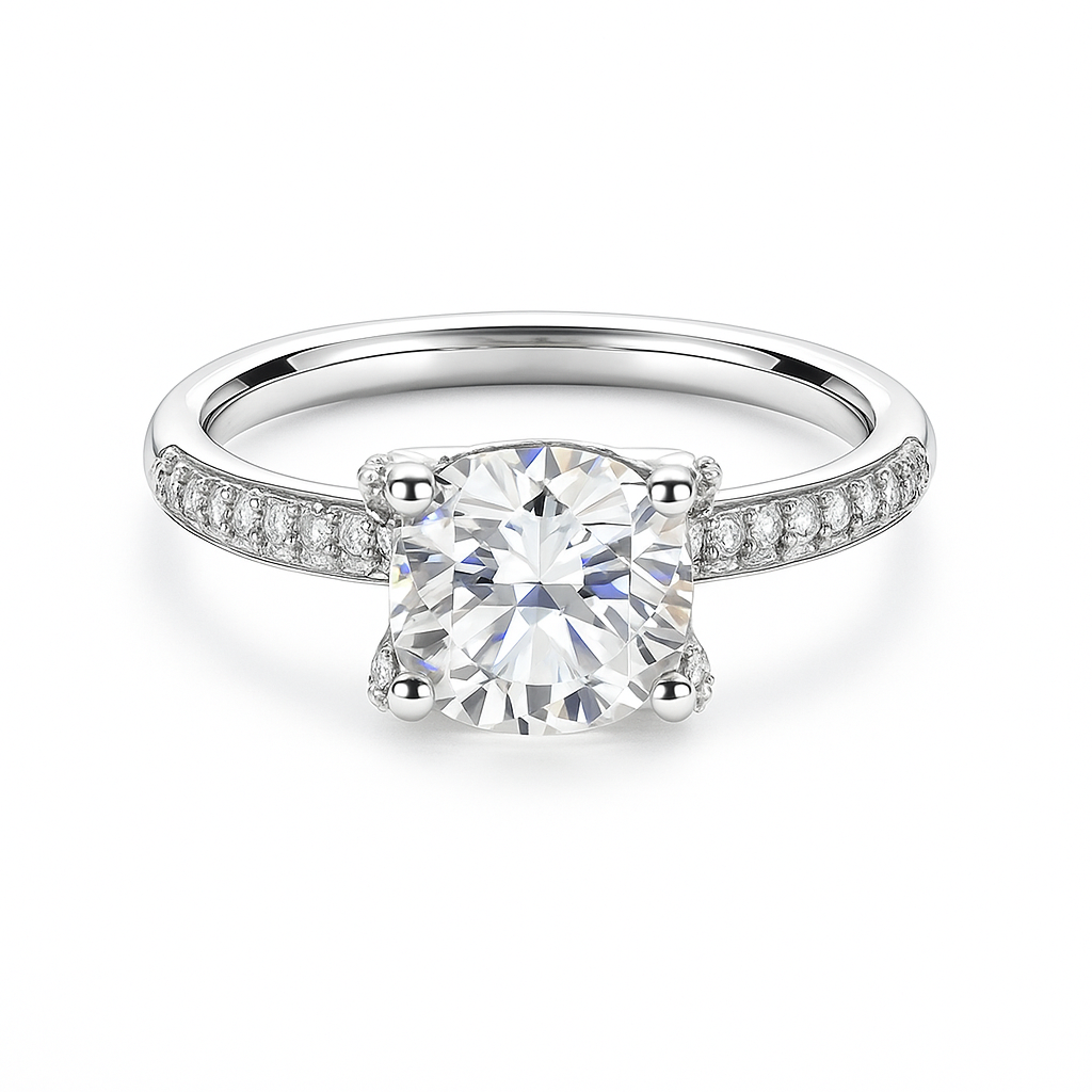 1.00 carat Moissanite solitaire engagement ring with pave-set band in white-gold-plated 925 silver. Elegant and timeless charm. Available now at BSI Jewelry.