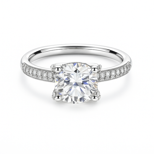 1.00 carat Moissanite solitaire engagement ring with pave-set band in white-gold-plated 925 silver. Elegant and timeless charm. Available now at BSI Jewelry.