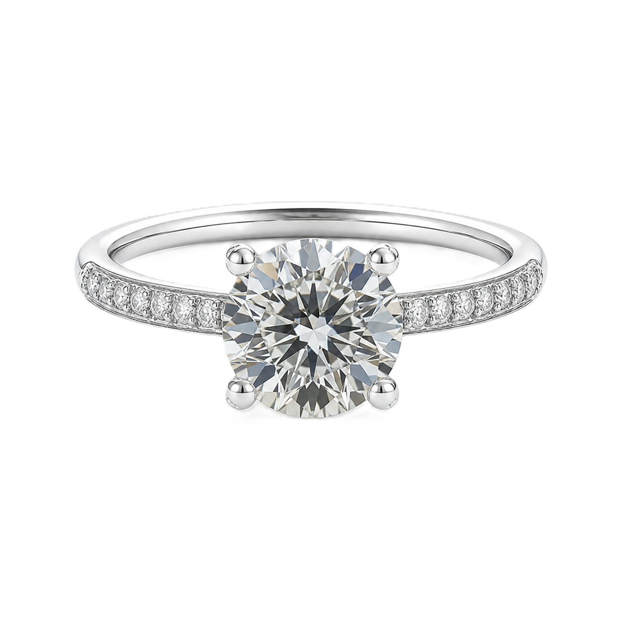 1.00 carat Moissanite solitaire engagement ring with pave-set band in white-gold-plated 925 silver. Elegant and timeless charm. Available now at BSI Jewelry.