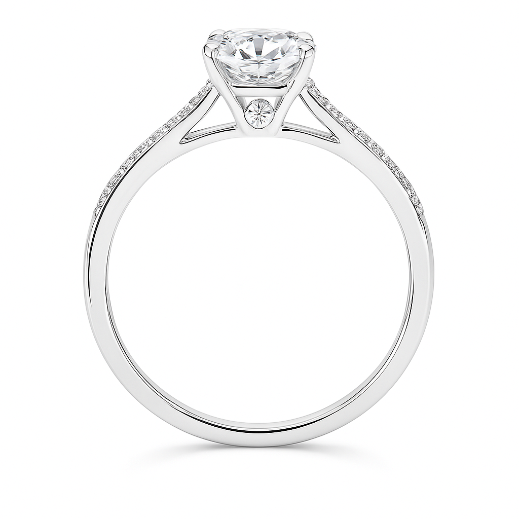 Elegant Moissanite solitaire ring in 925 silver with 6.5 mm round brilliant-cut stone. White gold-plated, hypoallergenic and radiant. Now at BSI Jewelry.