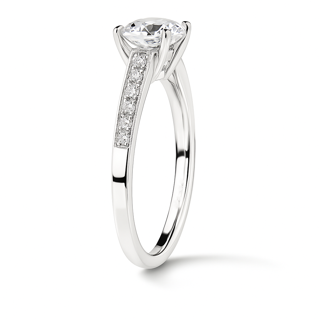Elegant Moissanite solitaire ring in 925 silver with 6.5 mm round brilliant-cut stone. White gold-plated, hypoallergenic and radiant. Now at BSI Jewelry.