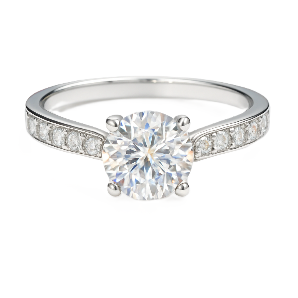 Elegant Moissanite solitaire ring in 925 silver with 6.5 mm round brilliant-cut stone. White gold-plated, hypoallergenic and radiant. Now at BSI Jewelry.